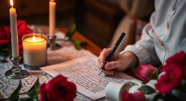 Osoba pisząca list miłosny przy świecach i różach