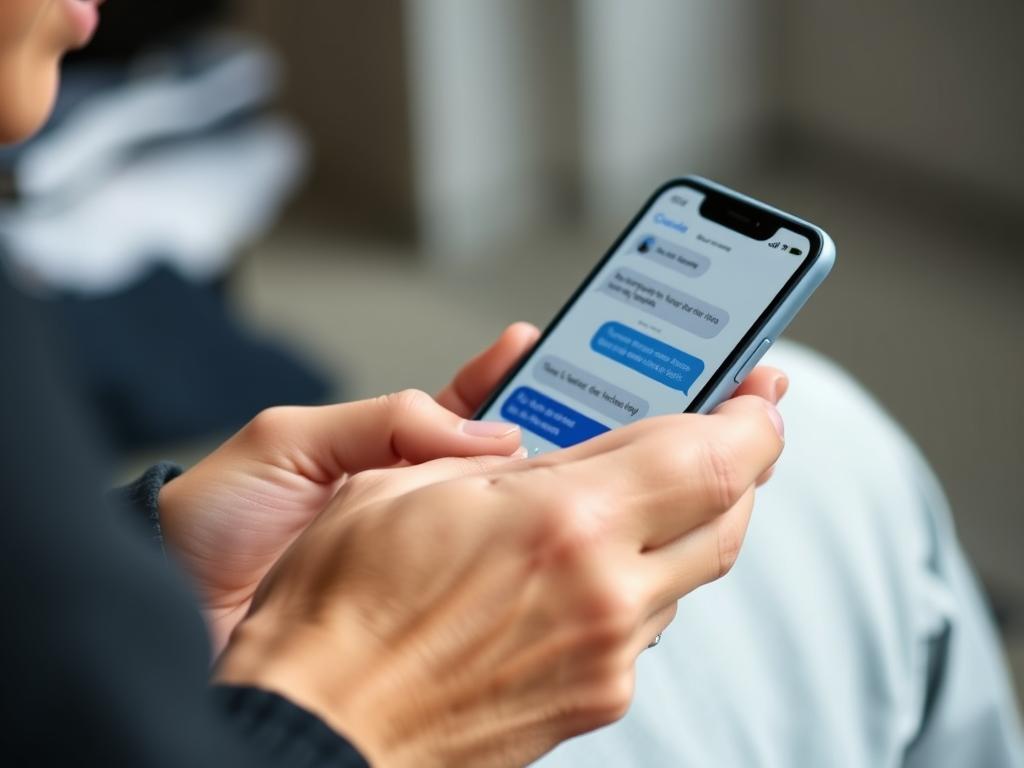 Osoba pisząca wiadomość na telefonie z uśmiechem, dobre tematy do rozmowy online
