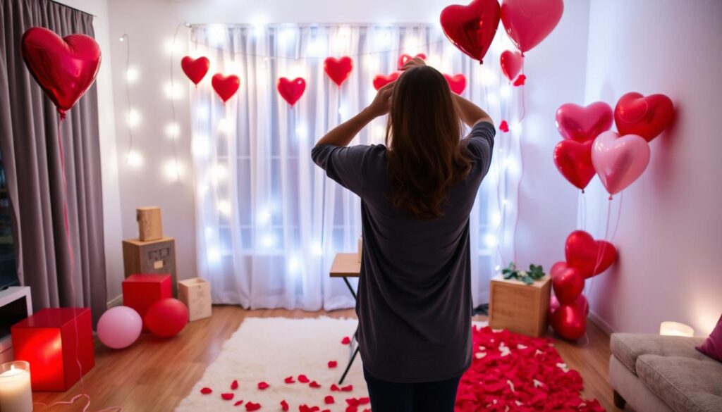 Osoba przygotowująca niespodziankę dla partnera - dekorowanie pokoju balonami i światełkami na randkę w domu