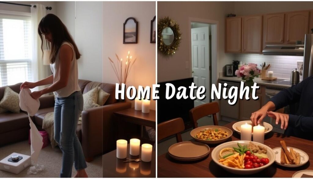 Osoba przygotowująca się do randki w domu - sprzątanie, dekorowanie i przygotowywanie posiłku