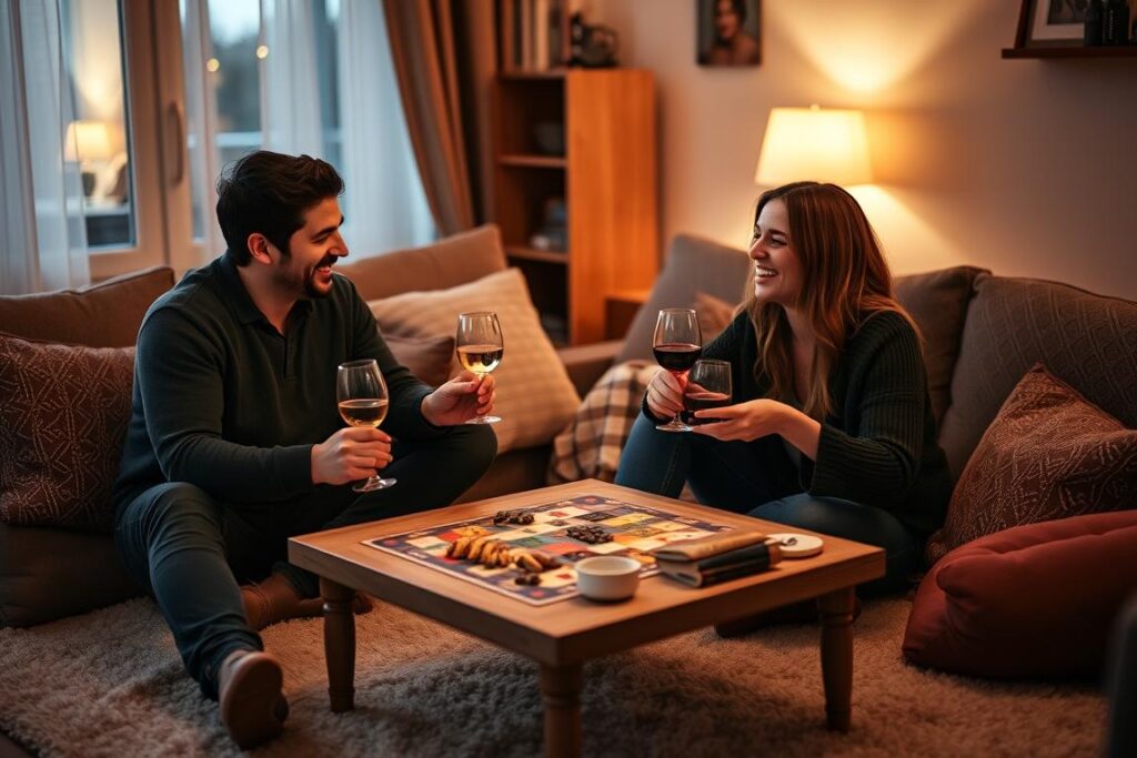 Para grająca w gry planszowe podczas romantycznego wieczoru w domu, z lampką wina i przekąskami