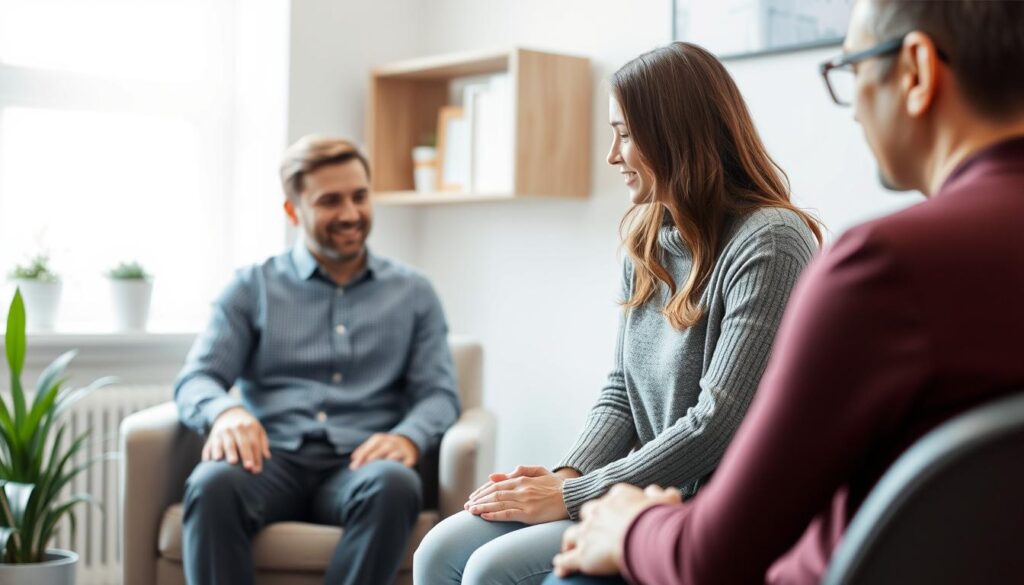 Para na terapii małżeńskiej rozmawiająca z terapeutą