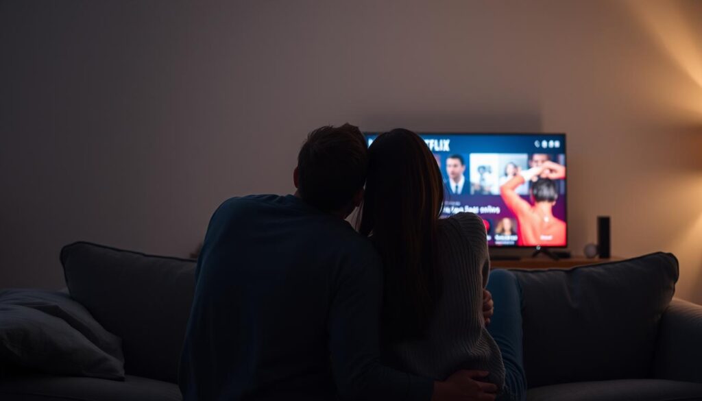 Para oglądająca Netflix, ilustrująca prawdziwe znaczenie wyrażenia 'Netflix and Chill'