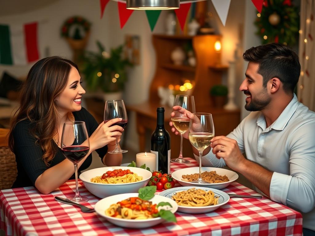 Para podczas tematycznej randki 'Wieczór we Włoszech' z włoskim jedzeniem, winem i dekoracjami