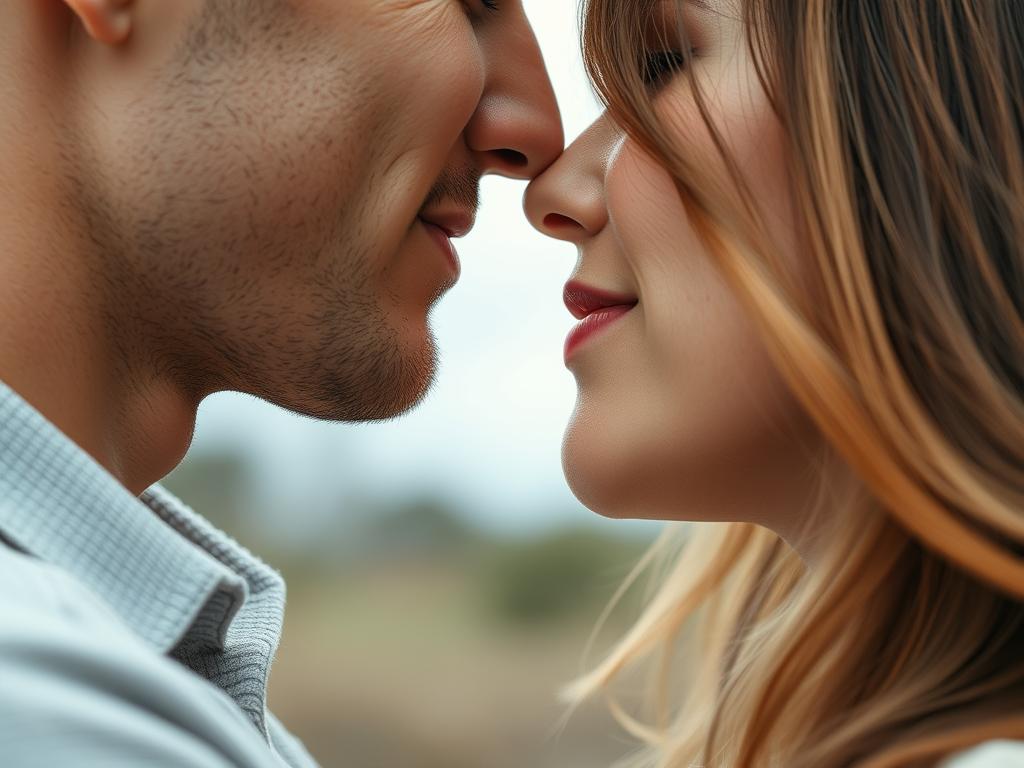 Para przechylająca głowy przed pocałunkiem, unikając zderzenia nosami