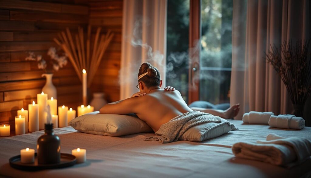 Para relaksująca się podczas domowego SPA z masażem, świecami i aromaterapią