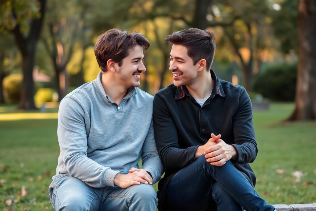 Para rozmawiająca w parku, siedząca blisko siebie, naturalna interakcja, dobre tematy do rozmowy