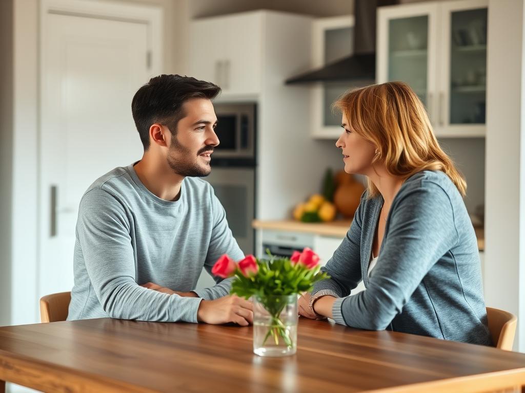 Para rozmawiająca ze sobą, siedząc naprzeciwko siebie przy stole - przykład zdrowej komunikacji