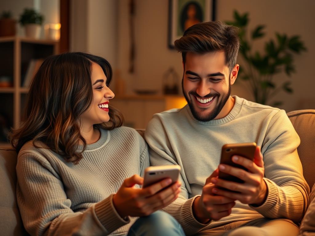 Para śmiejąca się podczas przeglądania wiadomości na telefonie