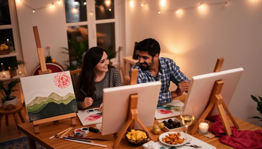 Para tworząca własne dzieło sztuki podczas kreatywnej randki w domu, z farbami i płótnem