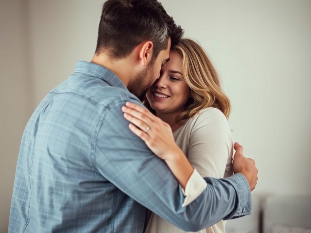Para w trakcie pojednania po kłótni - kobieta i mężczyzna przytulający się