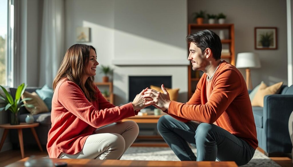 Para wykonująca ćwiczenie komunikacyjne, siedząc naprzeciwko siebie