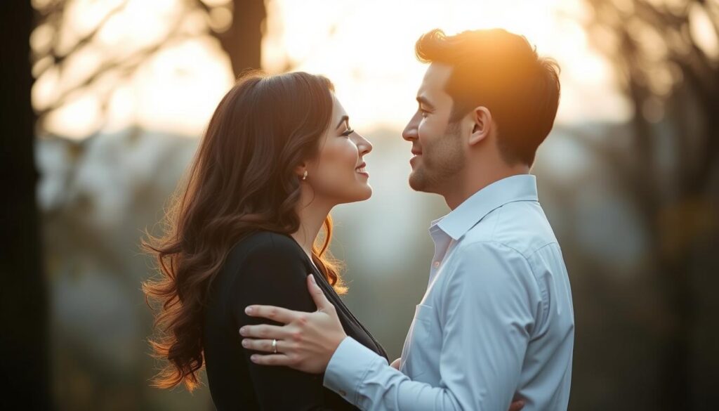 Para zbliżająca się do pierwszego pocałunku, romantyczna atmosfera