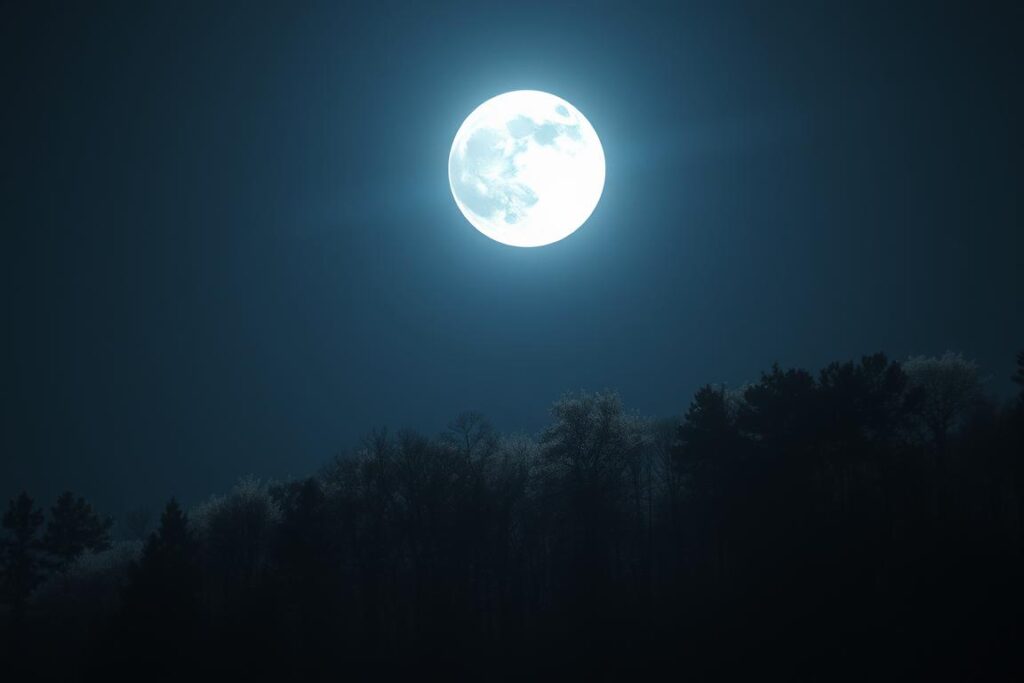 Pełnia księżyca nad nocnym lasem, idealna pora na rytuały miłosne