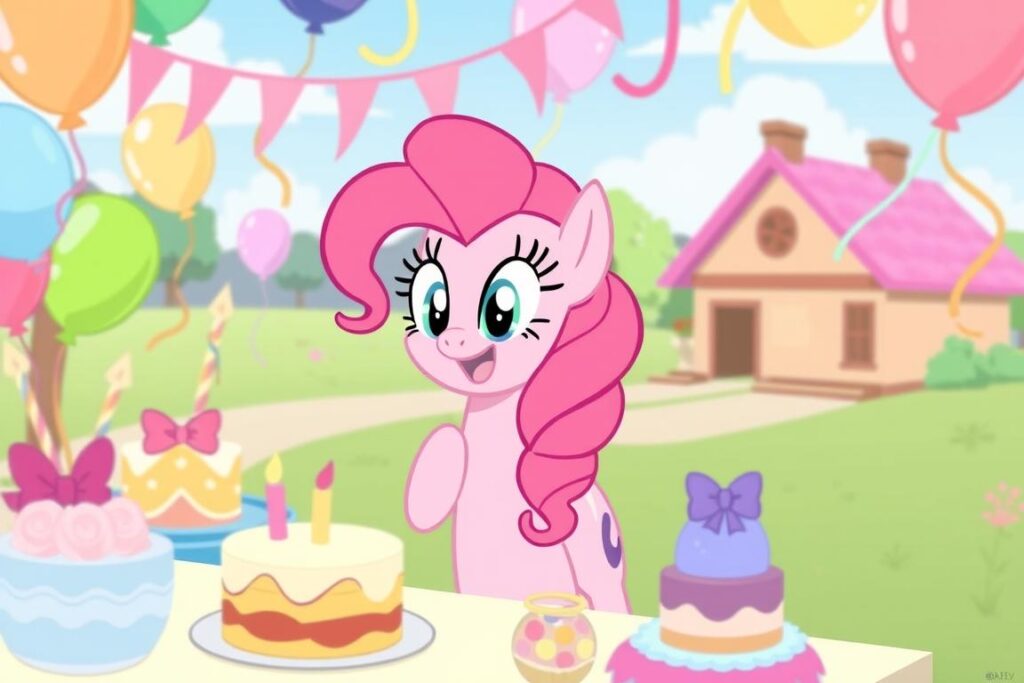 Pinkie Pie organizująca przyjęcie w Ponyville z balonami i ciastami