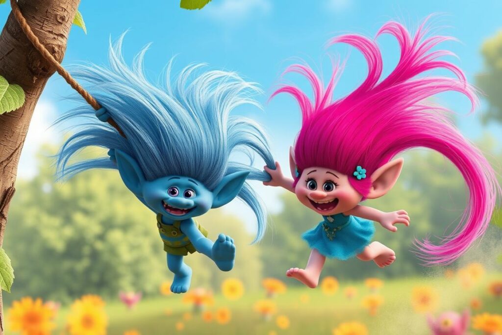 Poppy i Branch z filmu Trolle używający swoich magicznych włosów