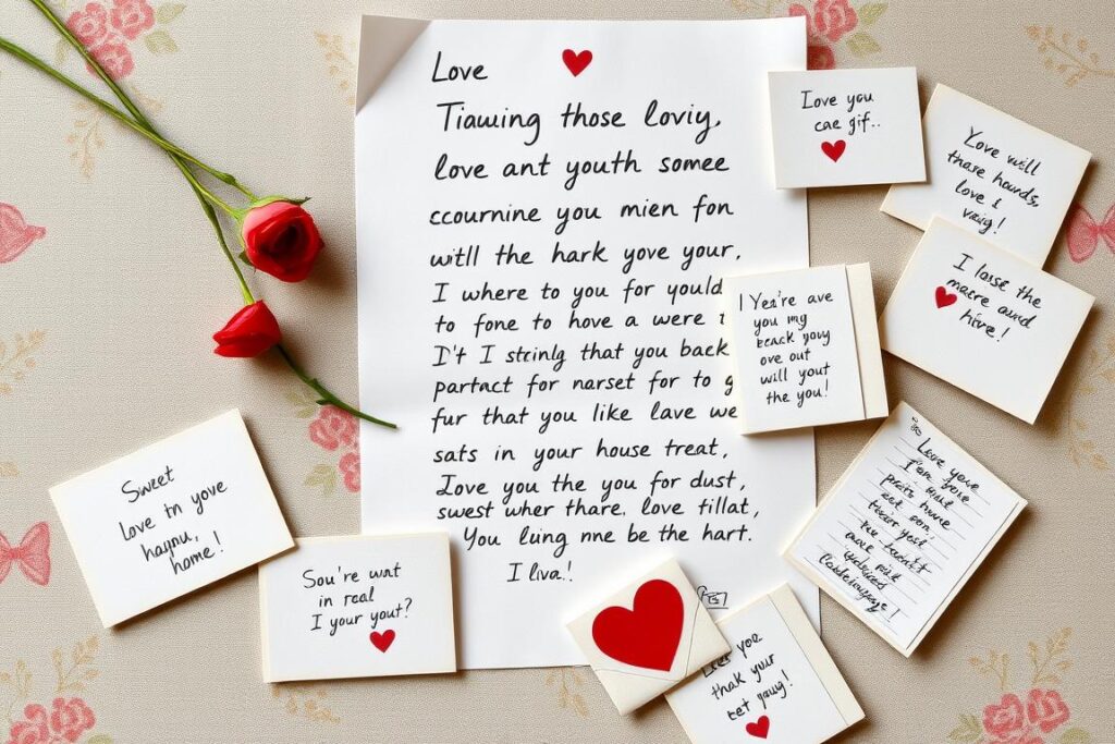 Ręcznie napisany list miłosny i małe karteczki z miłymi wiadomościami ukryte w domu