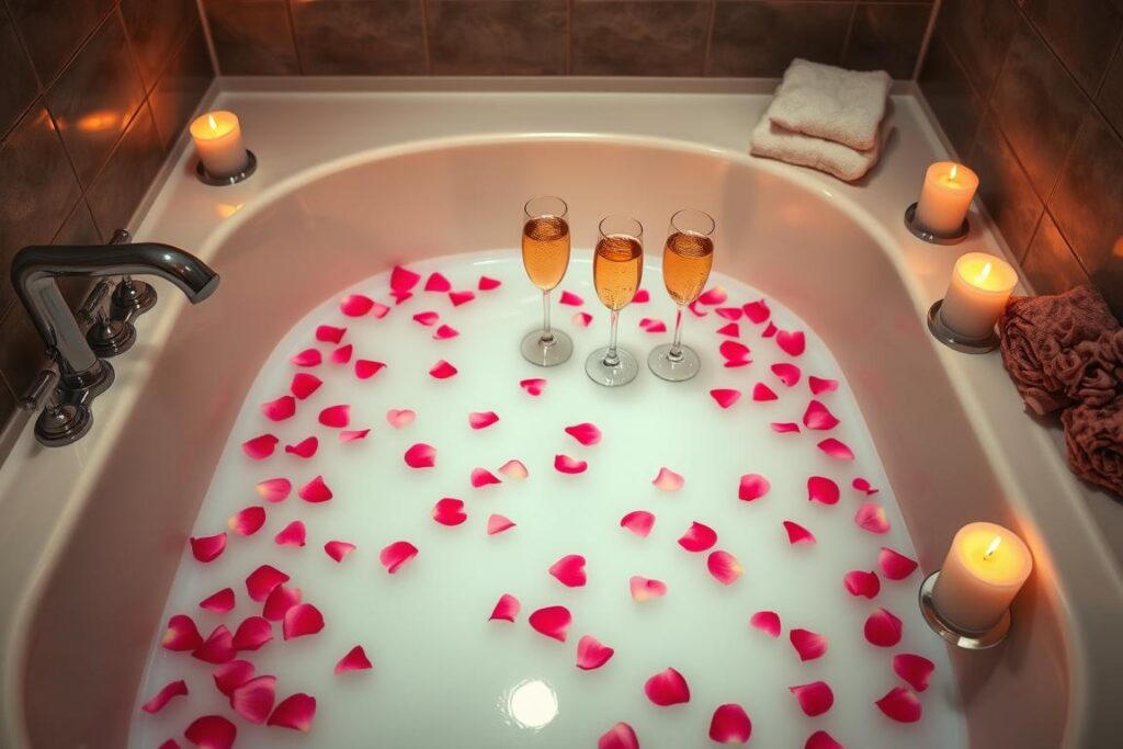Romantyczna kąpiel we dwoje z płatkami róż, świecami i kieliszkami szampana