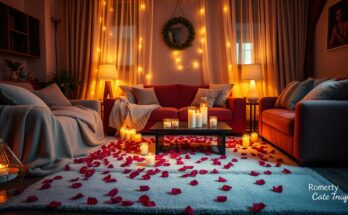 Romantycznie urządzony pokój z przygaszonymi światłami, świecami i płatkami róż na podłodze, idealne tło dla randki w domu