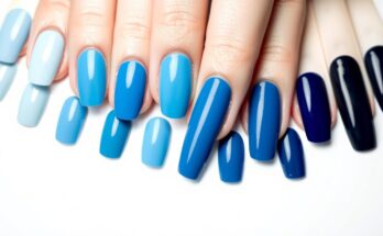 Różne odcienie niebieskich paznokci od jasnego błękitu po głęboki granat