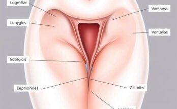 Schemat anatomiczny żeńskich narządów płciowych pokazujący budowę pochwy i sromu