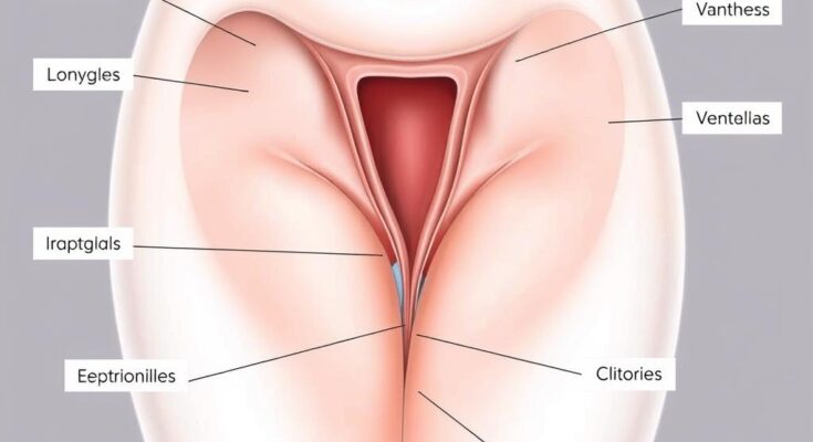 Schemat anatomiczny żeńskich narządów płciowych pokazujący budowę pochwy i sromu