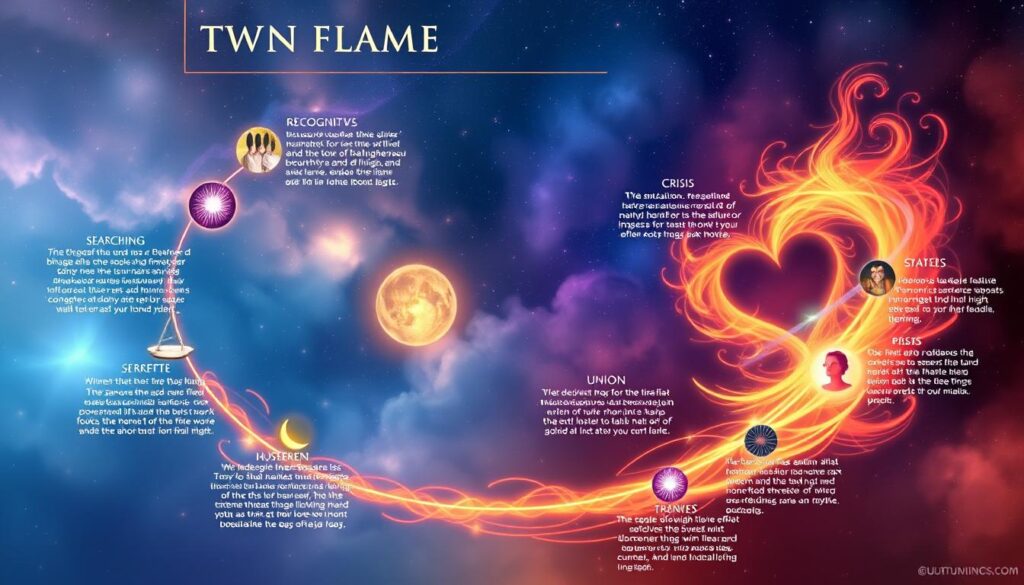 Schemat przedstawiający etapy związku z bliźniaczym płomieniem, od poszukiwania do zjednoczenia