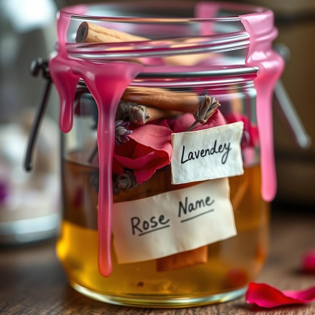 Spell jar wypełniony ziołami, płatkami kwiatów i kartką z intencją, zapieczętowany woskiem