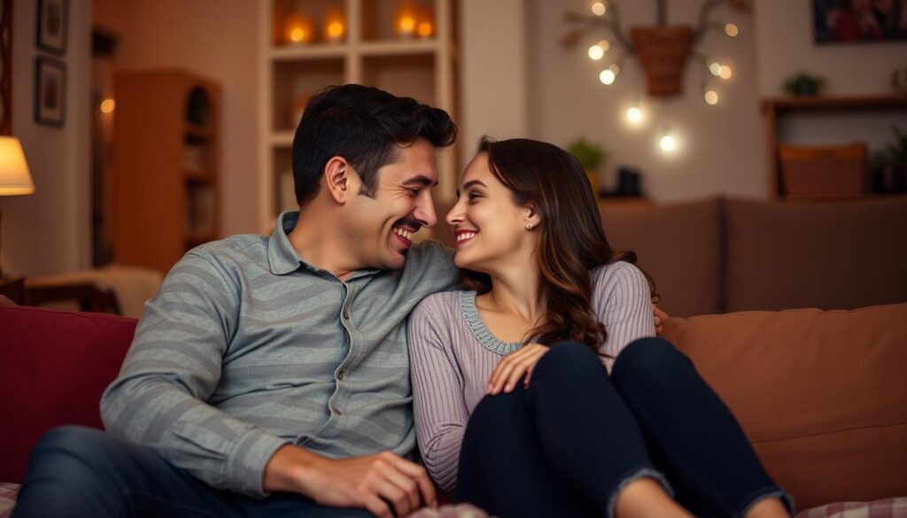 Szczęśliwa para ciesząca się czasem spędzonym razem podczas randki w domu
