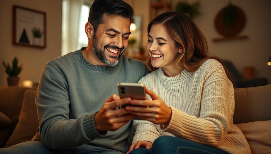 Szczęśliwa para patrząca na telefon i śmiejąca się razem