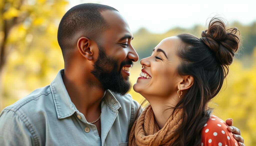 Szczęśliwa para po pocałunku, promieniująca zdrowiem