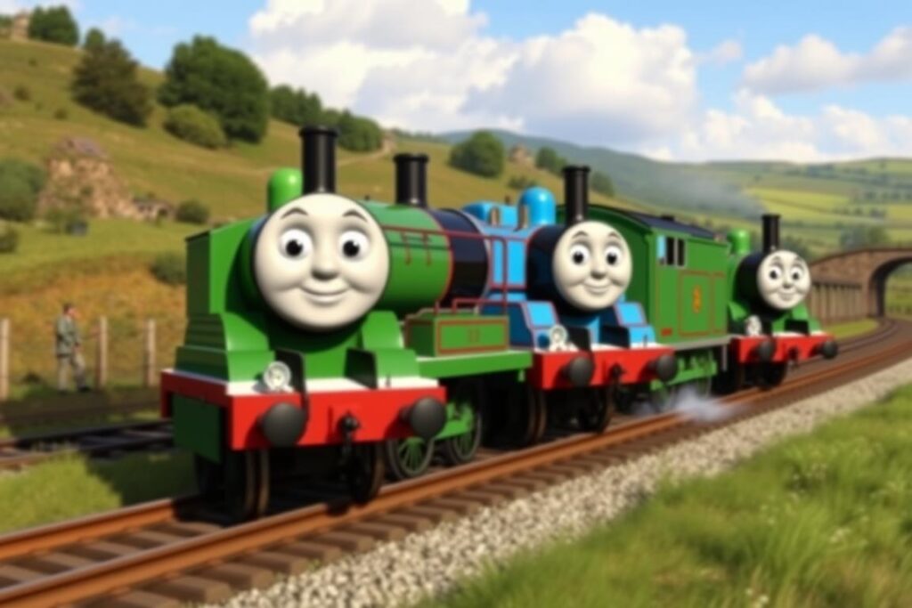 Tomek, Piotruś i Emilka pracujący razem na torach wyspy Sodor
