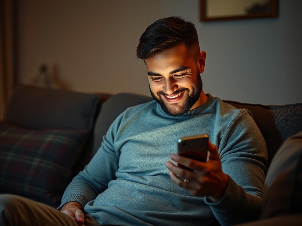 Uśmiechnięty mężczyzna czytający miłą wiadomość na telefonie