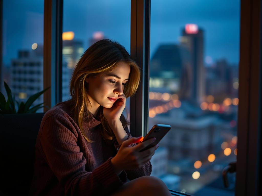 Zamyślona kobieta patrząca na telefon wieczorem