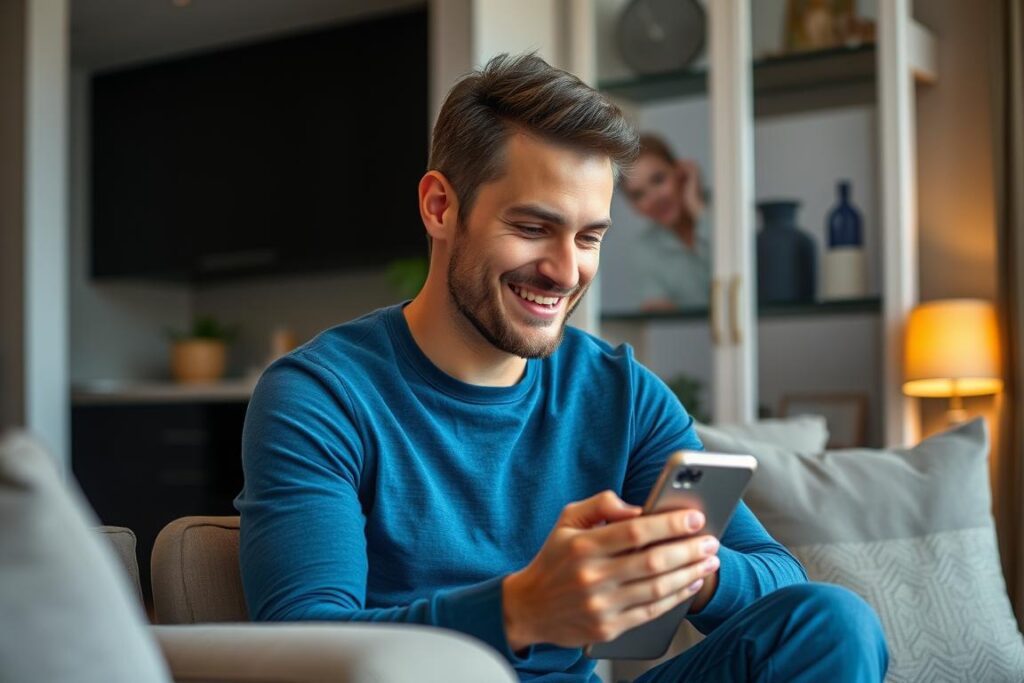 Zamyślony mężczyzna patrzący na telefon z uśmiechem