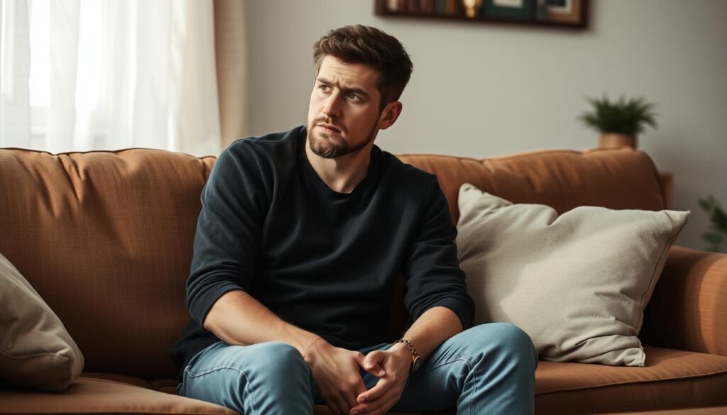 Zamyślony mężczyzna siedzący samotnie po kłótni z partnerką