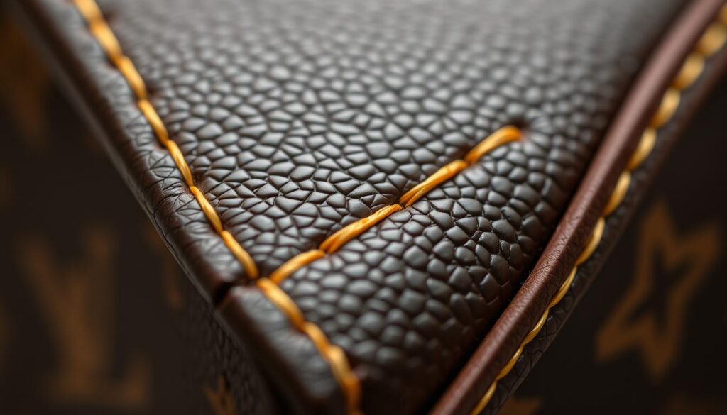Zbliżenie na szwy i detale konstrukcyjne oryginalnej torebki Louis Vuitton