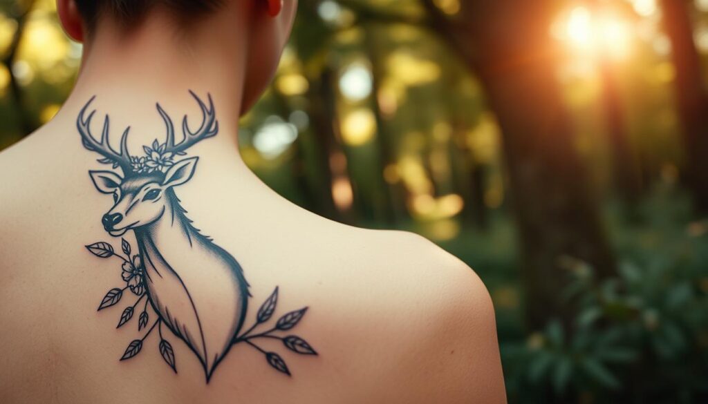 A beautifully designed tattoo of a majestic deer, featuring intricate details like stylized antlers adorned with floral elements. In the foreground, the tattoo is presented on a smooth, pale skin canvas, showcasing the blend of artistry and nature. The middle ground highlights natural elements like leaves and branches that complement the tattoo design, creating harmony between the deer and its surroundings. In the background, a soft-focus forest scene adds depth, with gentle, dappled sunlight filtering through the trees, creating an organic atmosphere. The overall mood is serene and refined, inviting contemplation. Use a warm color palette with earthy tones, focusing on the textures of the tattoo and the natural visual elements, captured with a shallow depth of field to emphasize the artwork’s details.