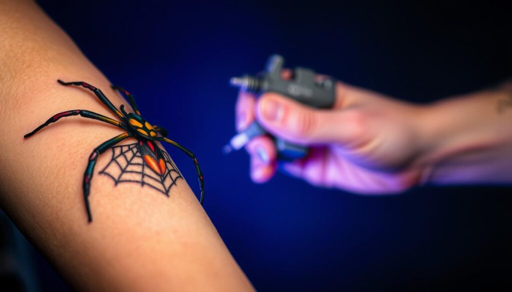 A beautifully designed tattoo of a spider, featuring intricate web patterns intertwined with vibrant colors. In the foreground, the spider's body displays a blend of geometric shapes, showcasing the creative artistry behind tattoo design. The tattoo is placed on a well-defined forearm, emphasizing the craftsmanship and detail in the ink. In the middle ground, a soft-focus hand holds a tattoo machine, illustrating the artistic process of tattooing. The background is a subtle gradient of dark blues and purples, creating a mysterious and atmospheric feel. The lighting is soft and diffused, highlighting the tattoo's details while casting gentle shadows. The overall mood reflects creativity and artistry, inviting contemplation about the symbolism of spider tattoos.