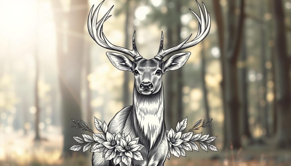 A beautifully designed tattoo sketch featuring a majestic deer, emphasizing its antlers and intricate details. In the foreground, the deer stands gracefully, with its eyes conveying wisdom and serenity. The middle ground showcases ornamental elements like leaves and flowers, adding a natural touch. In the background, a soft blur of a forest setting hints at the deer’s habitat, enveloped in gentle sunlight filtering through the trees, creating a warm and inviting atmosphere. The overall mood is one of elegance and connection to nature, reflecting the nobility of the deer. The image should capture the essence of the tattoo art style, using fine lines and subtle shading, with a focus on realism and artistry. No text or watermarks present.