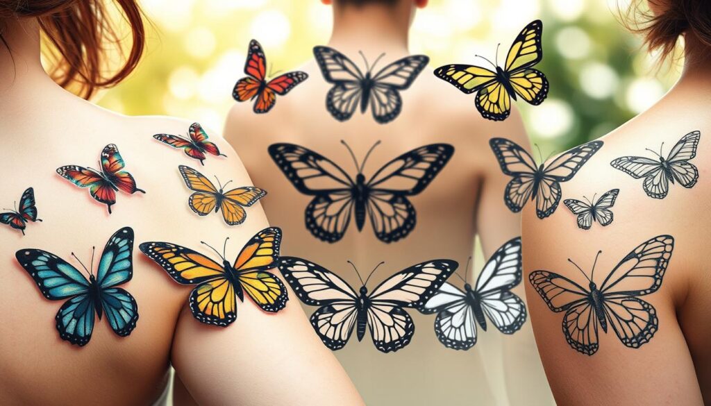A beautifully detailed composition showcasing various butterfly tattoo inspirations on a soft, blurred background. In the foreground, display an array of butterfly designs in diverse styles: delicate watercolor tattoos with vibrant colors, bold tribal patterns, and intricate black and gray line art. Position these tattoos artistically on skin-like surfaces, giving a sense of realism. The middle ground features faint outlines of human arms and shoulders adorned with these tattoos, demonstrating placement ideas. The background includes a serene, nature-inspired setting with soft natural lighting, enhancing an uplifting and peaceful atmosphere. Use a macro lens effect to capture the fine details of the tattoos, emphasizing their beauty and uniqueness. The overall feel is inspirational and artistic, inviting viewers to explore tattoo possibilities. A beautifully detailed composition showcasing various butterfly tattoo inspirations on a soft, blurred background. In the foreground, display an array of butterfly designs in diverse styles: delicate watercolor tattoos with vibrant colors, bold tribal patterns, and intricate black and gray line art. Position these tattoos artistically on skin-like surfaces, giving a sense of realism. The middle ground features faint outlines of human arms and shoulders adorned with these tattoos, demonstrating placement ideas. The background includes a serene, nature-inspired setting with soft natural lighting, enhancing an uplifting and peaceful atmosphere. Use a macro lens effect to capture the fine details of the tattoos, emphasizing their beauty and uniqueness. The overall feel is inspirational and artistic, inviting viewers to explore tattoo possibilities.