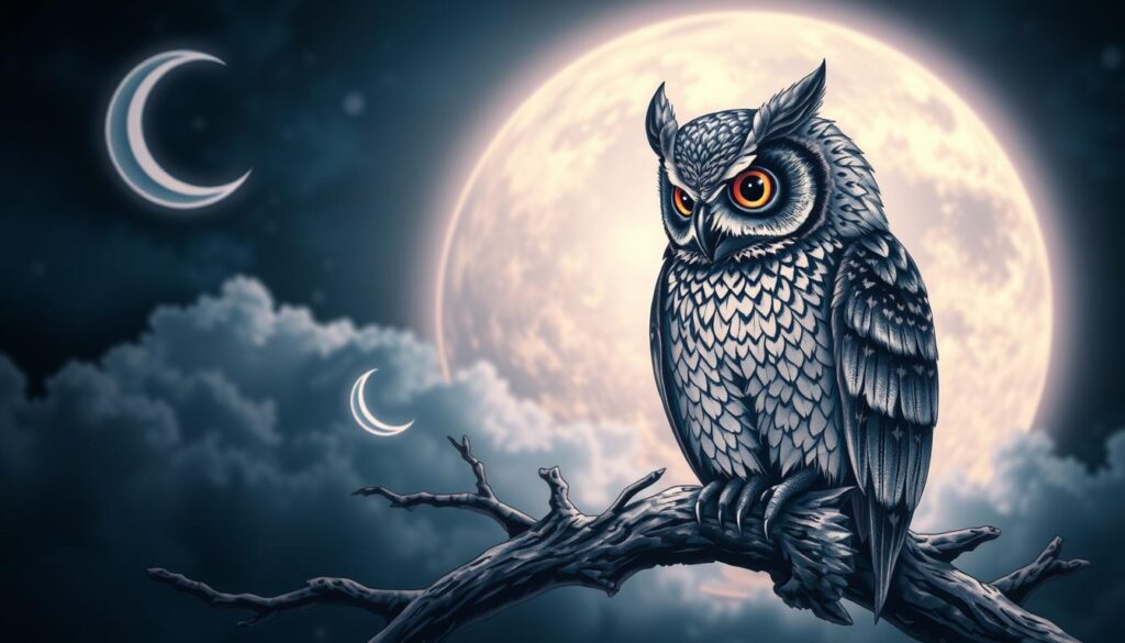 A beautifully detailed tattoo design featuring an owl, symbolizing wisdom and mystery. The owl should be perched on a gnarled branch in the foreground, showcasing intricate feather patterns and large, expressive eyes. Surround the owl with delicate elements like crescent moons and stars in the middle ground, adding a mystical atmosphere. The background includes a softly illuminated night sky with swirling clouds, casting a gentle, ethereal glow. The color palette features deep blues, silvers, and purples to enhance the mystical feel. The lighting should be soft and diffuse, highlighting the intricate details of the tattoo design. The overall mood is serene and contemplative, inviting the viewer to reflect on the deeper meanings associated with owl tattoos.