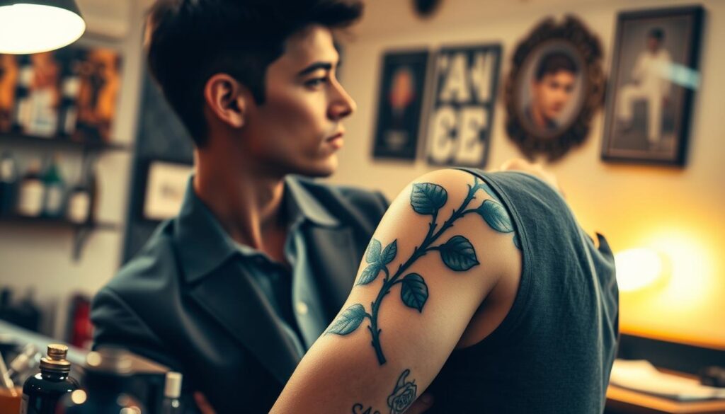 A beautifully detailed tattoo featuring a rose, prominently displayed on an upper arm. The background showcases a modern tattoo studio, with an ambiance of soft, warm lighting creating a welcoming atmosphere. The rose tattoo should be intricate, with vibrant red petals and delicate green leaves, symbolizing love and pain. In the foreground, subtle hints of tattoo instruments and ink bottles are visible, enhancing the environment of artistry. The tattooed individual, dressed in a smart casual outfit, gazes at their tattoo with a contemplative expression, embodying a sense of pride and reflection. The shot is taken from a slightly elevated angle, focusing on the arm and the tattoo, while the studio's warm tones create a cozy, intimate mood.