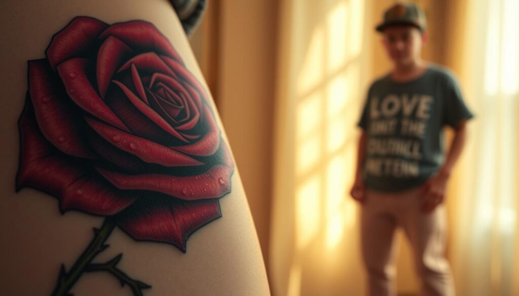 A beautifully detailed tattoo of a rose, symbolizing deep emotions and mysteries. The foreground features the intricately designed rose, with delicate petals shaded in deep crimson and rich magenta, showcasing drops of dew reflecting soft light. Subtle thorns can be seen intertwined with the rose, representing the duality of love and suffering. In the middle ground, a blurred figure dressed in modest casual clothing gazes thoughtfully at the tattoo, their expression conveying introspection and emotion. The background is softly illuminated by warm, ethereal light, creating a serene atmosphere, enhanced by gentle shadows that add depth. Use a macro lens perspective to focus on the tattoo with a shallow depth of field that draws attention to the emotional narrative. The overall mood is contemplative, evoking a sense of beauty intertwined with complexity.
