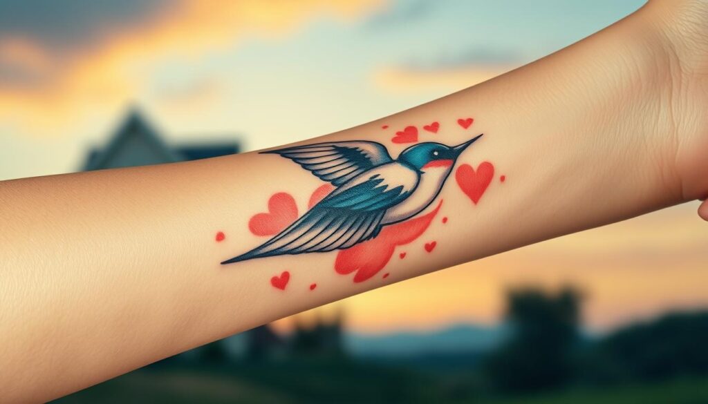 A beautifully detailed tattoo of a swallow, symbolizing love, freedom, and the journey home. The swallow is depicted soaring gracefully across the canvas of a person's forearm, showcasing intricate feather patterns and flowing lines that reflect motion. Surrounding the tattoo, a gentle watercolor wash in soft blues and subtle sunset oranges creates a warm, inviting atmosphere that enhances the symbolic meaning of the swallow. The lighting is soft and natural, emphasizing the fluidity of the tattoo as it interacts with the skin. The background features a blurred landscape of a serene home setting, evoking feelings of nostalgia and belonging. The overall mood is uplifting and hopeful, capturing the essence of love and return.