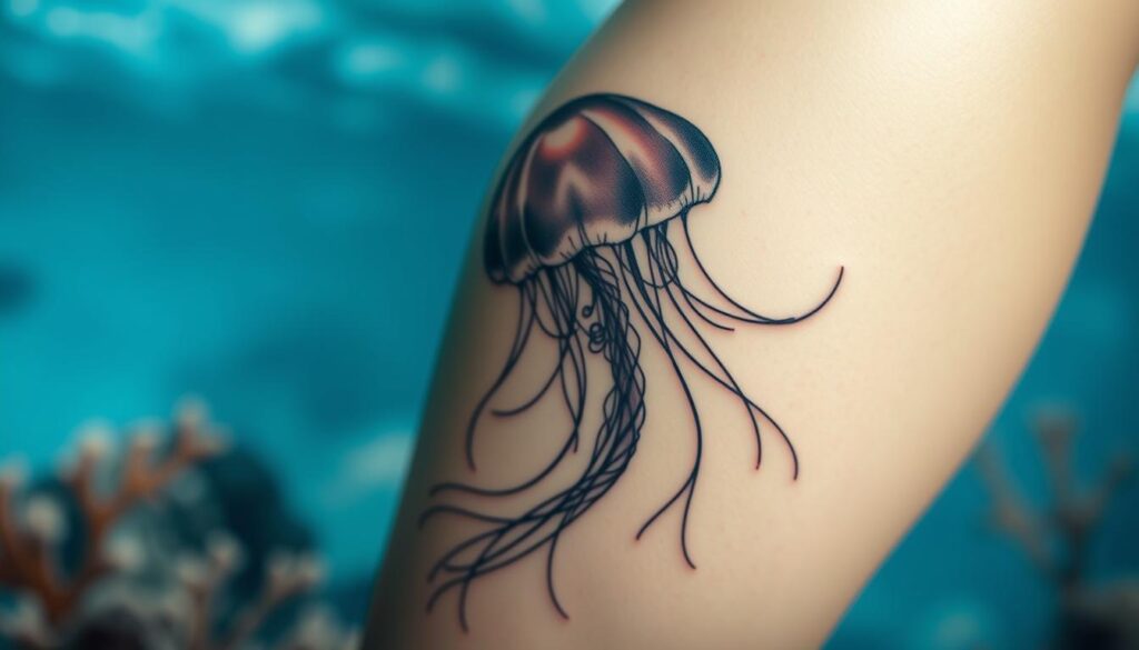 A captivating tattoo design featuring a jellyfish, intricately detailed to highlight its ethereal beauty and symbolism of mystery. In the foreground, the jellyfish is center stage, its delicate tentacles gracefully flowing outward, creating a sense of fluidity and elegance. In the middle ground, faint hints of ocean waves and soft, blurred coral forms suggest an underwater environment, adding depth to the composition. The background features a serene gradient of blues and aquas, evoking the tranquil yet enigmatic nature of the sea. Soft, diffused lighting highlights the translucent qualities of the jellyfish, casting gentle shadows that enhance its otherworldly aura. The overall mood is mystical and serene, inviting contemplation of the deeper meanings associated with the jellyfish tattoo. A captivating tattoo design featuring a jellyfish, intricately detailed to highlight its ethereal beauty and symbolism of mystery. In the foreground, the jellyfish is center stage, its delicate tentacles gracefully flowing outward, creating a sense of fluidity and elegance. In the middle ground, faint hints of ocean waves and soft, blurred coral forms suggest an underwater environment, adding depth to the composition. The background features a serene gradient of blues and aquas, evoking the tranquil yet enigmatic nature of the sea. Soft, diffused lighting highlights the translucent qualities of the jellyfish, casting gentle shadows that enhance its otherworldly aura. The overall mood is mystical and serene, inviting contemplation of the deeper meanings associated with the jellyfish tattoo.