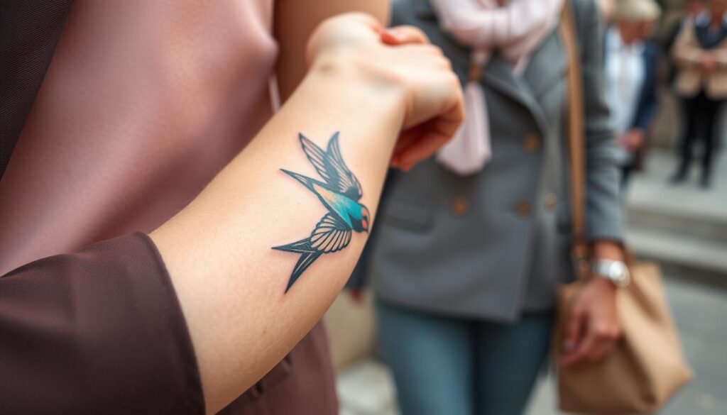 A close-up view of a beautifully designed swallow tattoo on an elegantly dressed person’s forearm, showcasing intricate details like feathers and graceful curves. The tattoo should be vibrant and colorful, symbolizing freedom and homecoming. In the background, a subtle blend of fashion elements, like stylish clothing items and accessories, hints at modern trends, reinforcing the swallow’s significance in contemporary culture. Soft, natural lighting illuminates the tattoo, highlighting the artistry while maintaining a warm and inviting atmosphere. The angle should be slightly elevated, capturing the tattoo in focus against a softly blurred backdrop of the fashion elements, creating an engaging, harmonious composition.