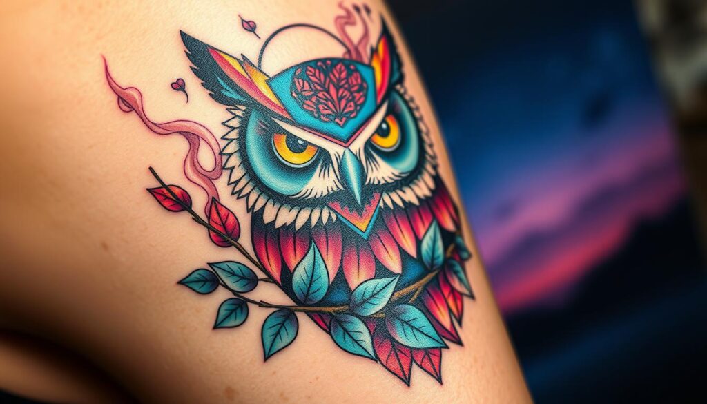 A contemporary owl tattoo design, intricately detailed and stylized, showcasing vibrant colors and geometric patterns. In the foreground, the owl's wise eyes are the focal point, surrounded by ethereal wisps of smoke that represent mystery. The middle layer features lush branches adorned with abstract leaves, complementing the owl's regal posture. The background is a soft gradient of twilight colors, incorporating deep blues and purples to create a sense of depth and calm. The lighting is soft, reminiscent of a gentle moonlit night, enhancing the tattoo's mesmerizing qualities. The atmosphere is both mystic and inspiring, emphasizing themes of wisdom and enigma, making it a captivating representation of modern tattoo art.