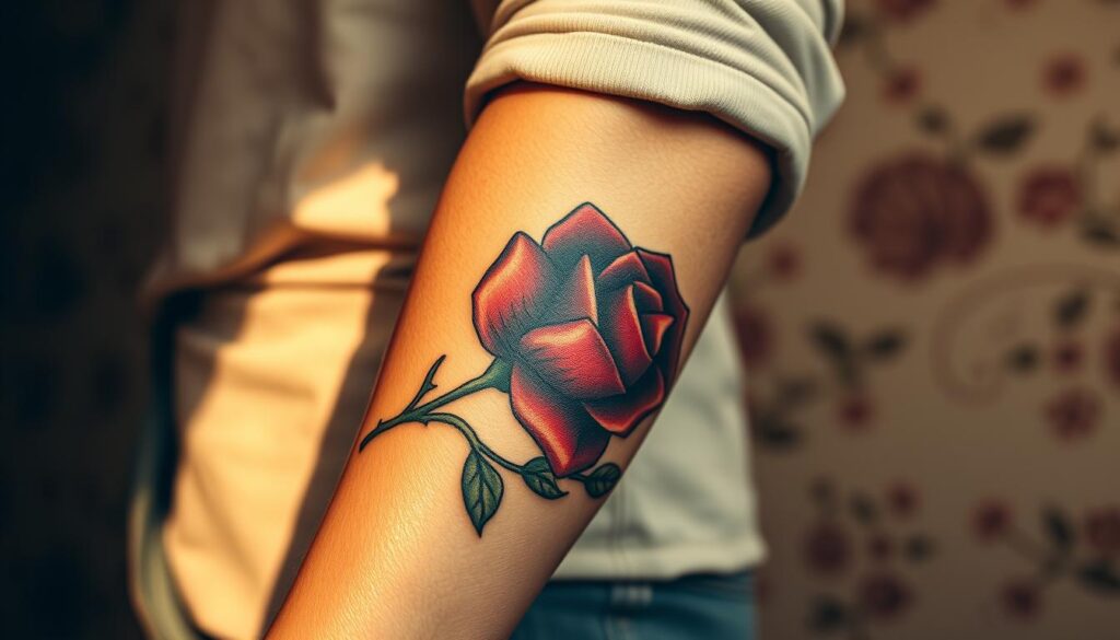 A detailed and artistic tattoo of a rose, symbolizing love and suffering, prominently displayed on the forearm of a person dressed in modest casual clothing. The foreground features rich colors in the rose, blending reds and dark greens, with intricate details illustrating the petals and thorns. In the middle, the skin tone and texture emphasize the contrast between the tattoo and the human form. The background showcases soft, muted tones to create a serene atmosphere, echoing cultural and religious symbolism tied to the rose, such as motifs of rebirth, sacrifice, and beauty. The lighting is warm and soft, casting gentle shadows, and the composition is framed with a slightly blurred effect, focusing on the tattoo while hinting at cultural elements like faint floral patterns in the background.