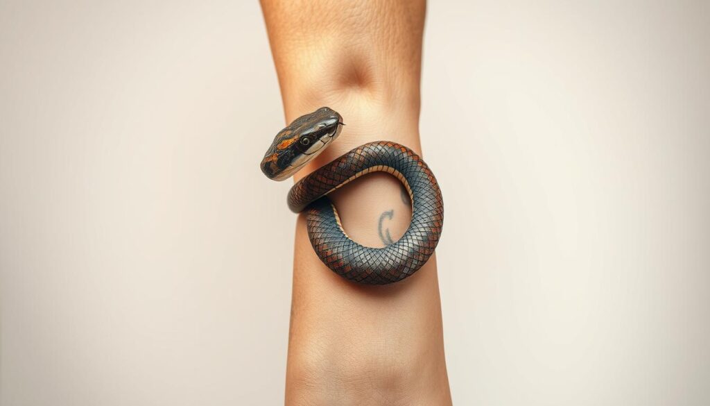 A detailed, artistic depiction of a snake tattoo, showcasing various styles including traditional, tribal, and watercolor techniques. The snake coils elegantly around a forearm, emphasizing the intricate scales and dynamic movement. The foreground focuses on the vivid colors and elaborate designs of the tattoo, while the arm is placed against a smooth, neutral background to enhance visibility. The middle ground features soft, diffused lighting that creates a subtle shine on the tattoo, highlighting its details. Capture the atmosphere of renewal and cunning associated with the snake symbolism, evoking a sense of strength and elegance. The image is presented from a slightly elevated angle, allowing for a clear view of the tattoo's artistry without any human subjects. The overall mood is one of sophistication and intrigue, designed to captivate the viewer's attention.